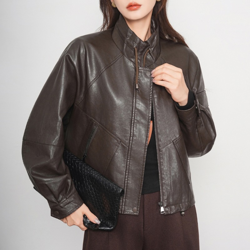 Counter Same Style Goatskin Leather Jacket Women's Autumn and Winter New Fashion Loose Short Motorcycle Jacket Stand Collar Jacket