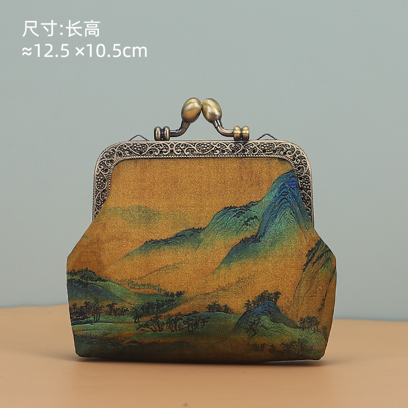 千里江山図手作り布 DIY 材料バッグハンドバッグ竹ハンドルリップ型口ゴールドバッグ未完成品|undefined