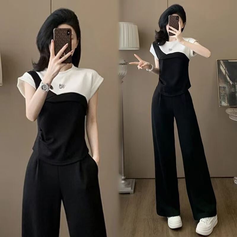 Black and White Color-Blocking Short-Sleeve Fashion Set for Women, Summer Slimming and Age-Reducing Sporty Casual Wide-Leg Pants Two-Piece Set Cross-Border