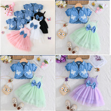 2025跨境专供女童春夏吊带拼接网纱裙女童上衣印点点披肩裙两件套