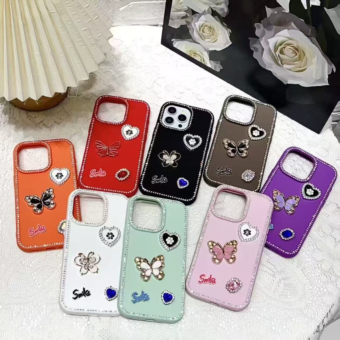 Suitable for Apple 17Pm Luxury Glitter Diamond Inlaid Gemstone DIY Butterfly Pattern Colorfulful Shiny Mobile Phone Case