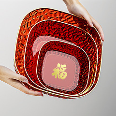 金福果盤喜慶紅色輕奢金邊透明水果零食盤婚慶喬遷周歲過年擺盤子