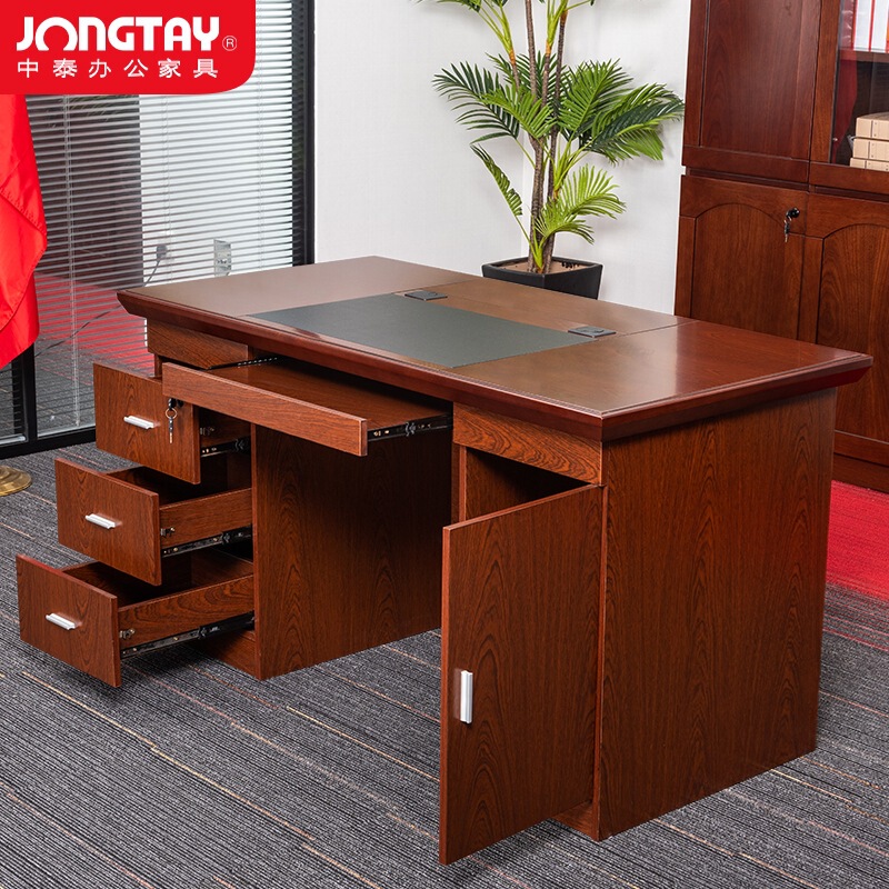 Government Administrative Desk Walnut Veneer Computer Desk Black Leather Writing Board with Drawer Host Keyboard Paint Chinese Style