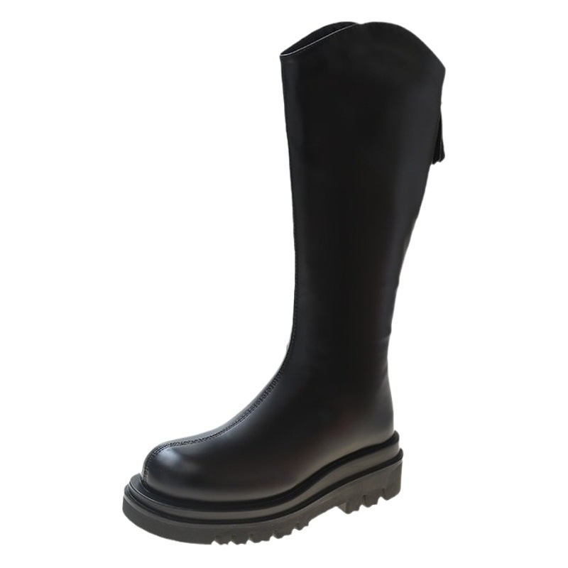 太い筒の太い脚用厚底膝丈以下ブーツ レディース 2024秋冬新作 小柄な方向けラウンドトゥハイブーツ ライダーブーツ