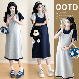2025 New Summer Maternity Wear, Age-Reducing Splicing Fake Two-Piece Loose Slimming Look Mid-Length Round Neck Dress