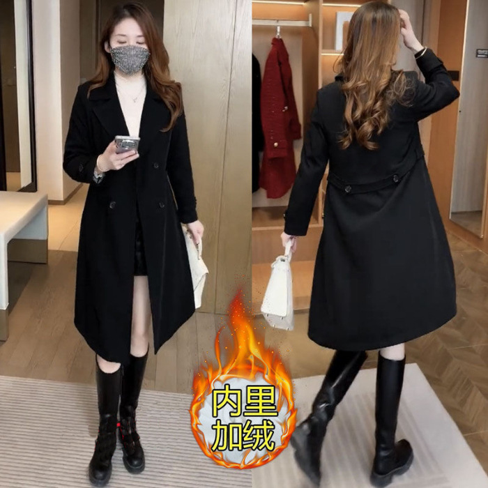 高档次加绒加厚风衣外套女秋冬新款洋气显瘦小个子中长款大衣|undefined