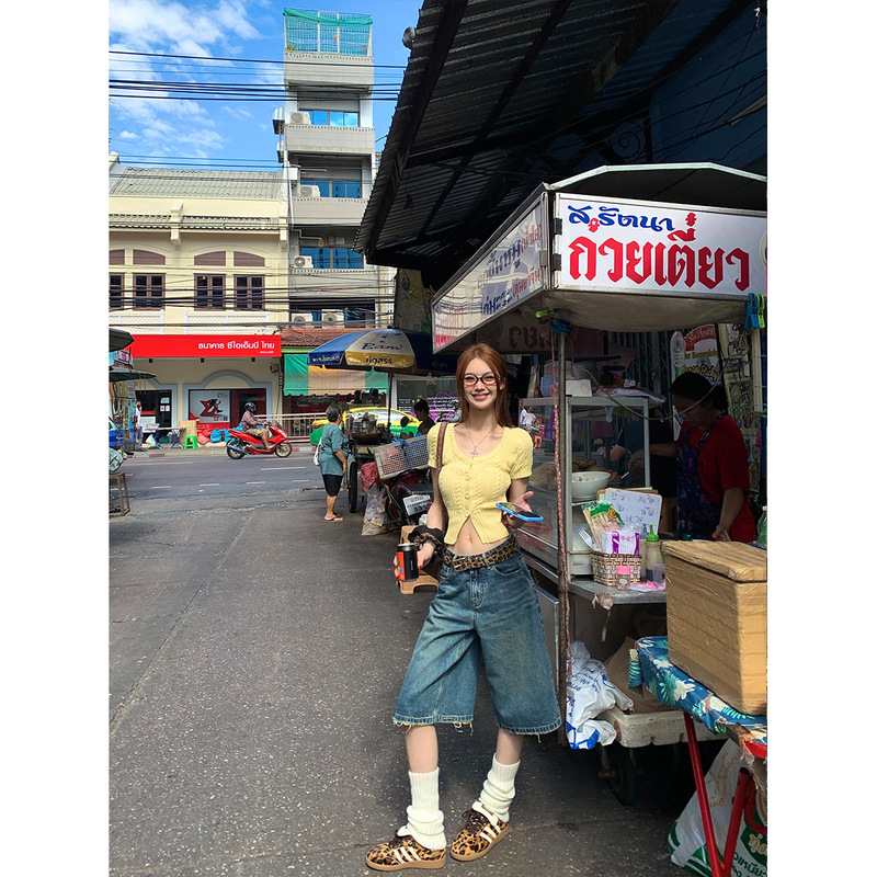 3345 # Ffcheer Tokyo 24S American Retro Denim Shorts Straight Low-Waist Three-Quarter Pants