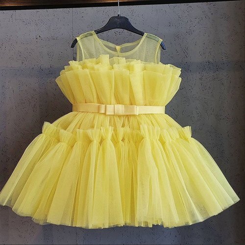 2024 Spring Sleeveless Net Dress with Solid Color Bow for Girls' Princess Dresses