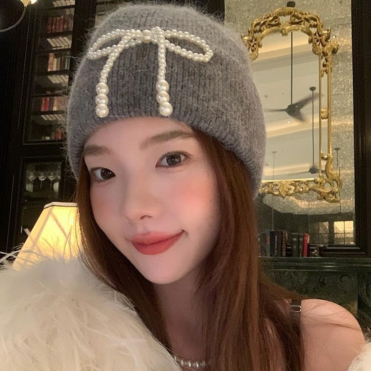 Pălărie de lână tricotată cu perle, cu fundă dulce, pentru toamnă și iarnă, de pluș, cu protecție pentru urechi, arată fața, mică, la modă, Baotou_voghion.com