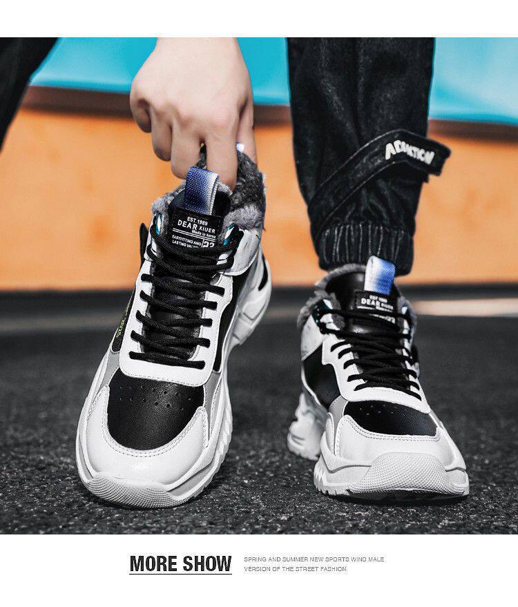 Giày nam cao cổ lót lông giữ ấm, giày thể thao casual thắt dây mũi tròn — A760-1 lót nhung trắng xanh lam, A760-1 lót nhung trắng đen chi tiết 16