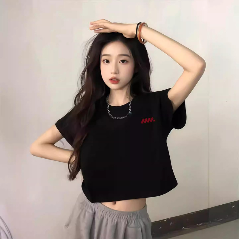 White Short-Sleeved T-Shirt for Women, High-Waisted Short Summer New Popular Loose Cotton Sexy Navel-Baring Right Shoulder Top Trendy
