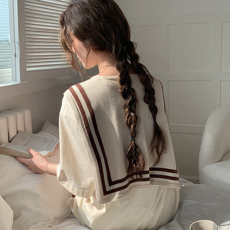 Chal de punto para mujer primavera y verano nuevo estilo azul marino a rayas estilo coreano todo-fósforo aire acondicionado decoración de la habitación cuello exterior chaleco pequeño