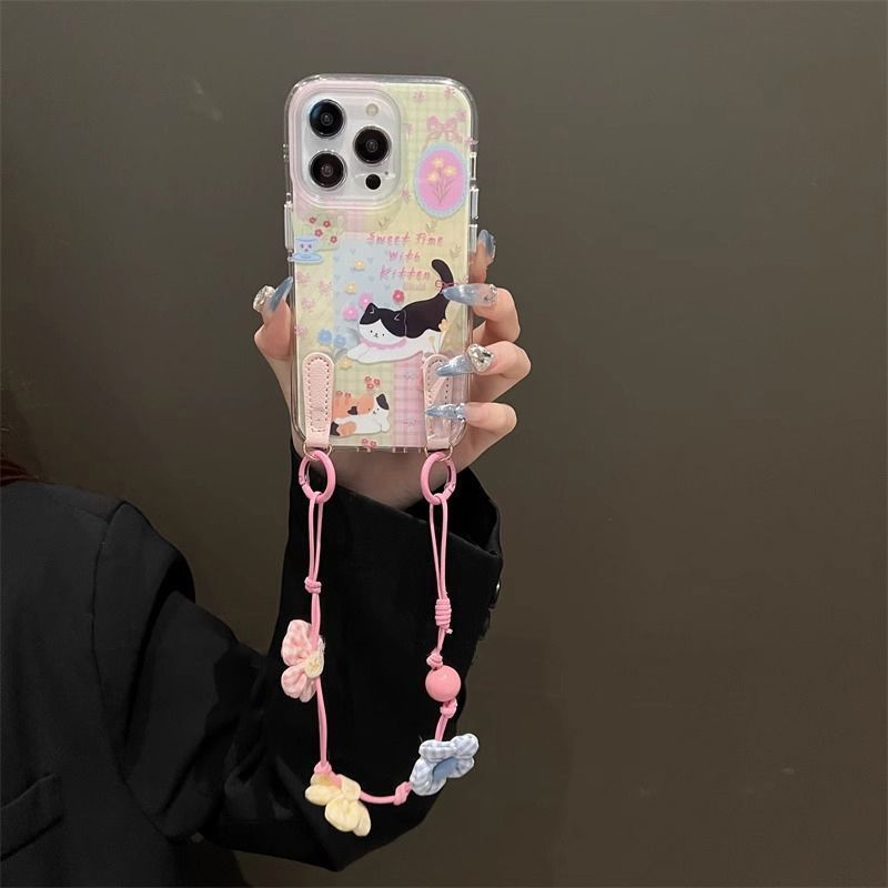 かわいいチェック柄の花柄の子猫 Apple 16promax 携帯電話ケース iPhone15 新しい 13/14/12/x に適しています|undefined