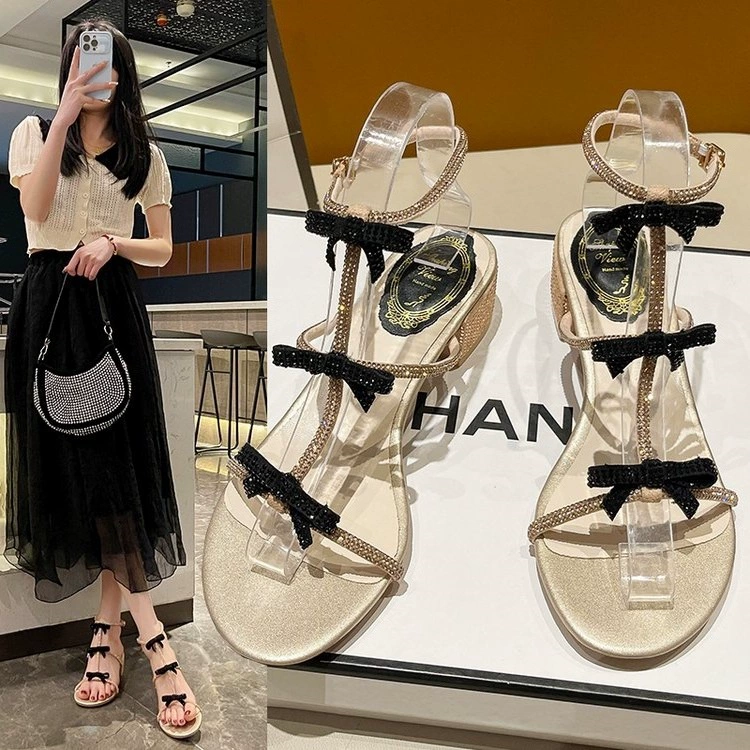 Туфли на высоком каблуке с камнями, модные летние босоножки с открытым носком, сексуальные, с толстым каблуком, для женщин, 2025 год.