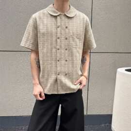 日系复古短袖衬衫男款夏季潮流高级感宽松休闲穿搭格纹男女款衬衣