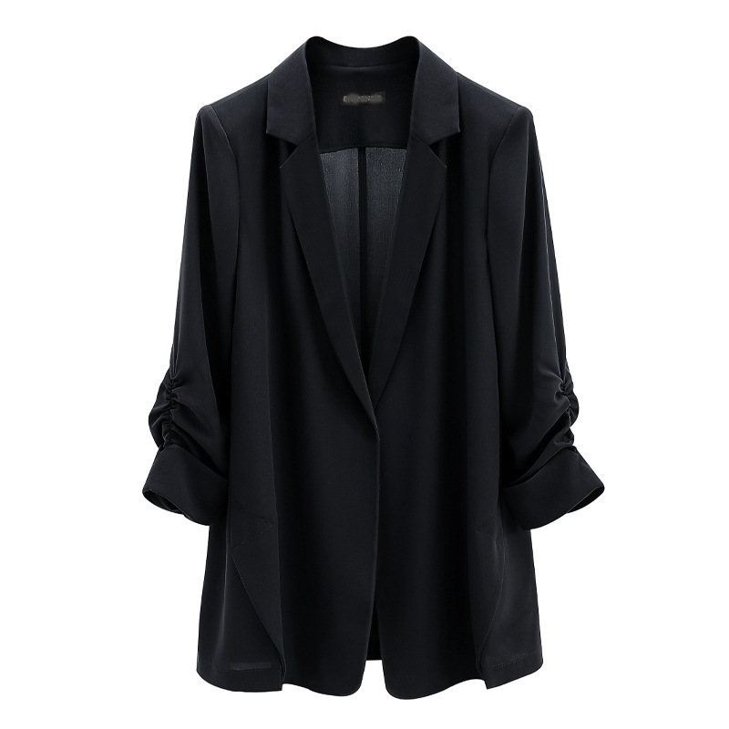 Plus-Size Black Slit Blazer for Women, Summer Three-Quarter Sleeves, Drapey Professional Attire, Sun Protection, Elegant and Slimming Suit Plus-Size Black Slit Blazer for Women, Summer Three-Quarter Sleeves, Drapey Professional Attire, Sun Protection, Elegant and Slimming Suit