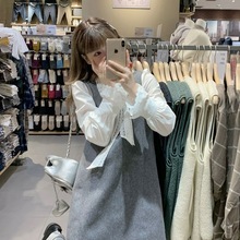 盐系轻熟两件套装女秋冬韩剧小香无袖背心连衣裙搭配长袖系带衬衫