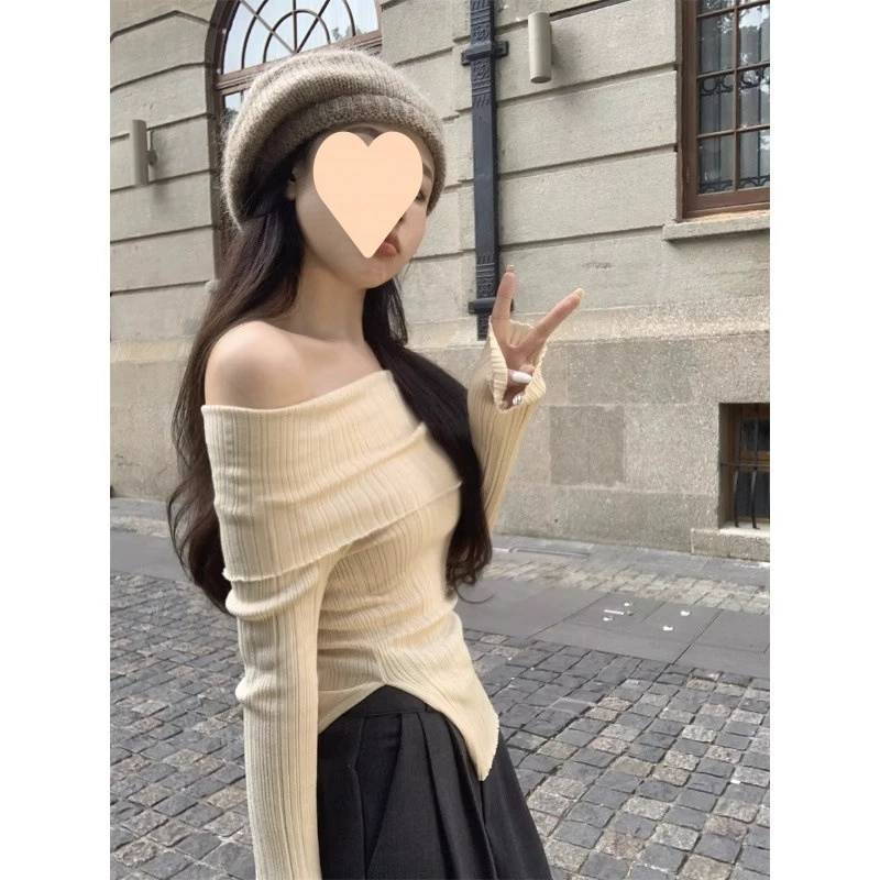 Черный осенний демисезонный sexy базовый универсальный связанный свитер с открытыми плечами, стиль высокого качества