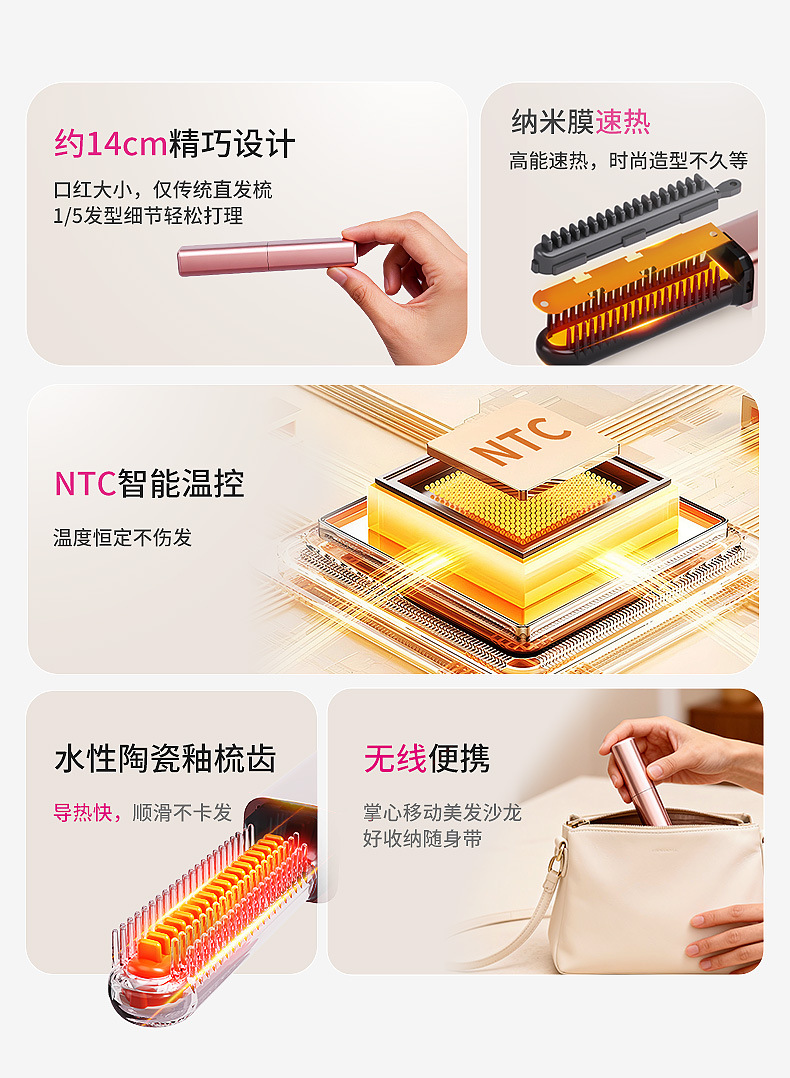 Liuhai Comb Mini Straight Hair Comb Wireless Charging Portable Curling Iron Hair Styling Tool Electric Heat Comb Gentle on Hair