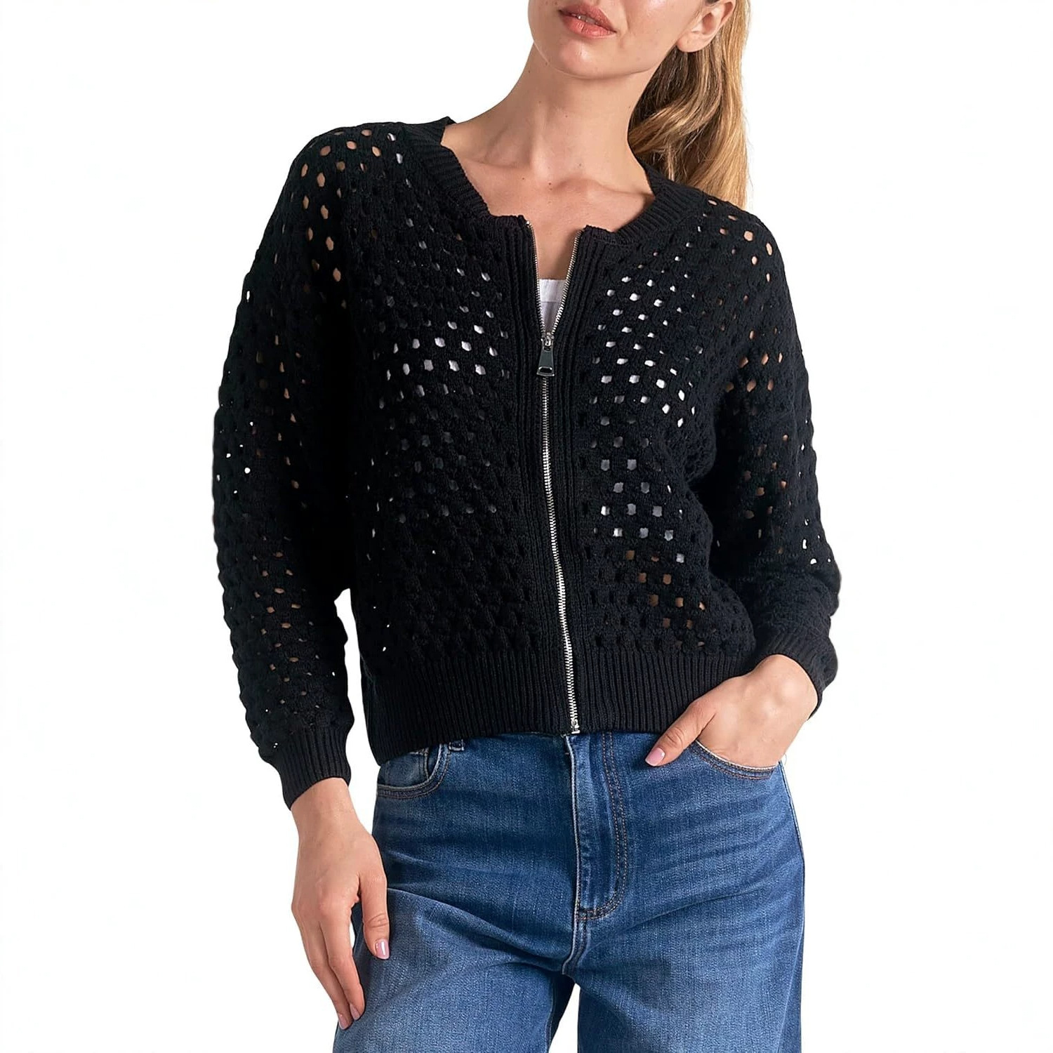 Summer trend fashionable comfortable solid color sweater with zipper