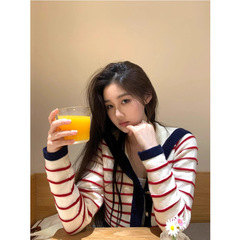 温柔学院风粉色条纹海军领针织开衫女春秋季外搭甜美别致短款上衣