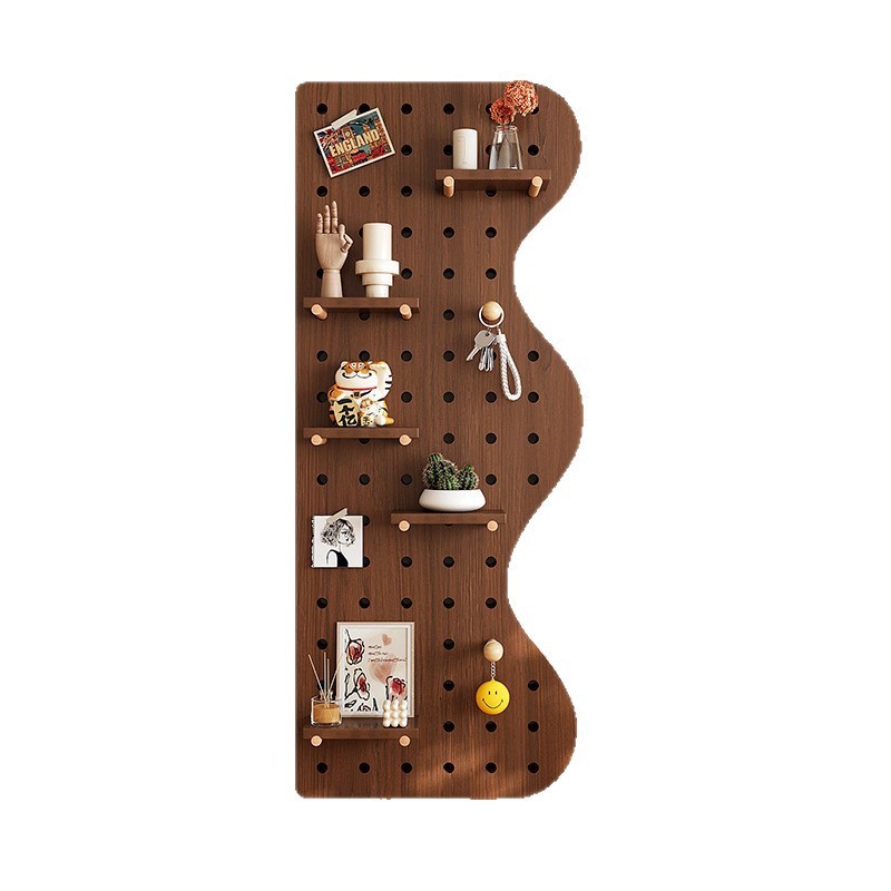 Corrugada de madera sólida color nuez agujero placa agujero en la pared de la pared de la decoración de la pared del marco de exhibición de almacenamiento
