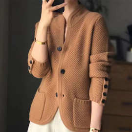 2024秋冬立领新中式针织开衫女纯色加厚毛衣外套短款宽松外穿上衣