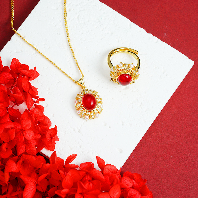 Guochao vietnamita collar de oro de arena retrógrado diamantes perlas anillo de encaje conjunto de mujeres atmósfera de diseño de joyería suministro