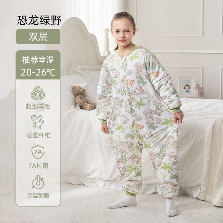 Light and warm [double layer, room temperature 20-26 ℃ 】dinosaur green field / Size s - length 95cm [suitable for height 95-110cm] crotch snap button