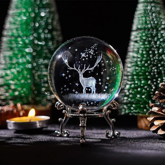 Creative luminous crystal night light carved inside a deer with desktop decoration birthday gift crystal ball elk starry sky