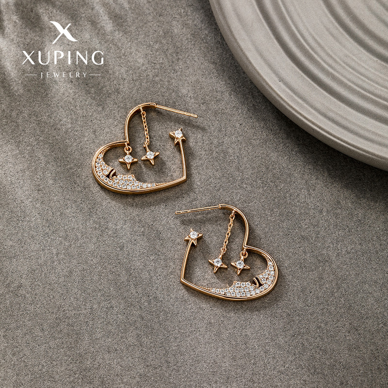 Joyería Xuping de aleación chapada en oro de 18k, aretes de estrella y corazón rusos, aretes de nicho de alta gama al por mayor.