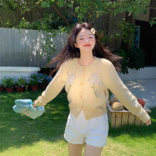 实拍~新款韩系甜美减龄重工立体手工花朵长袖开衫毛衣外套女装