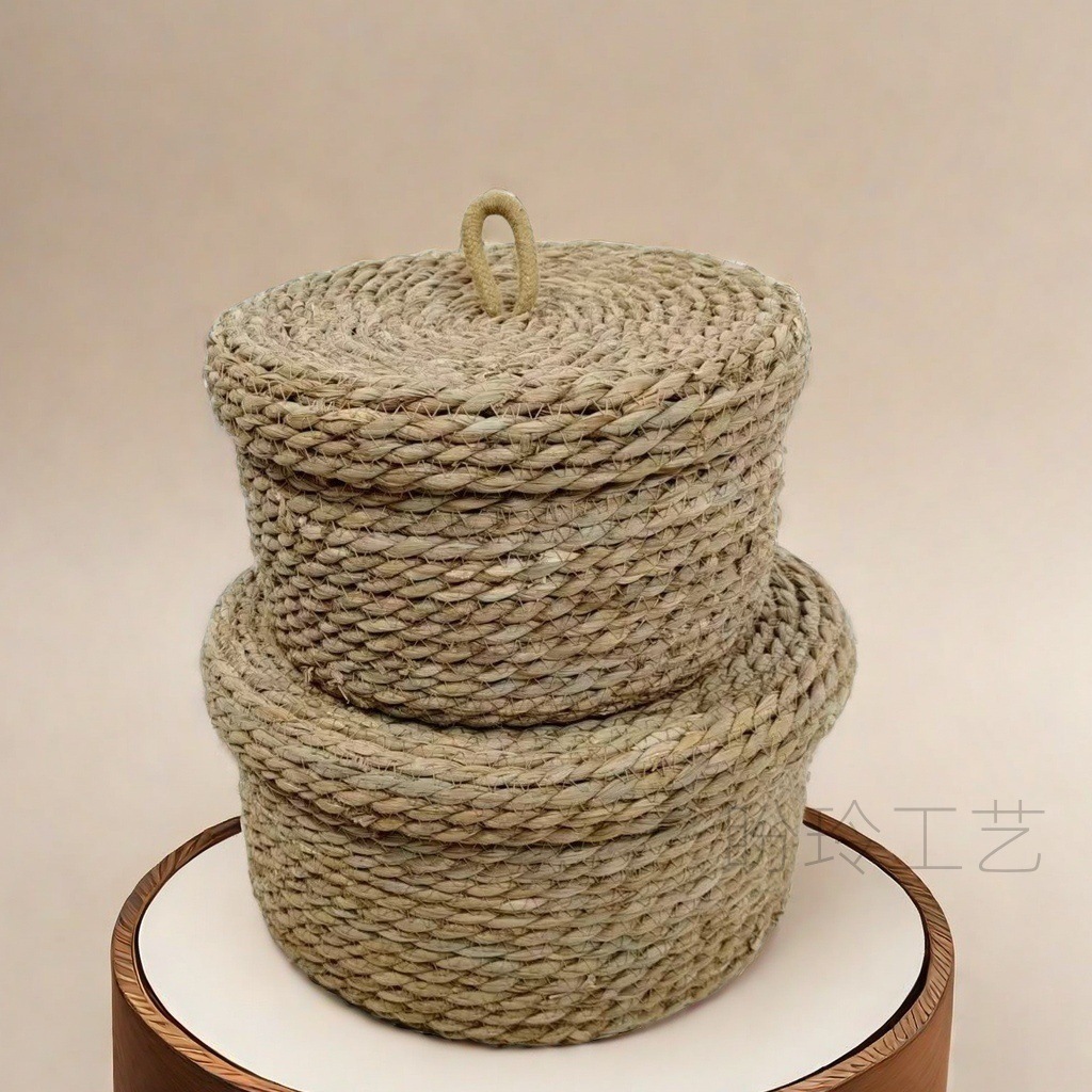 Cesta de almacenamiento azul de paja europea redonda tejida a mano tejida de algodón tejida de caña cesta de almacenamiento image 4