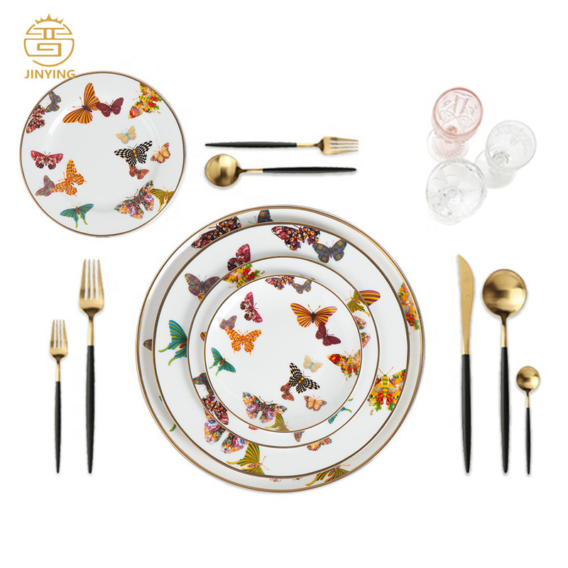 high quality Bone China Color Butterfly Dinner Plate Household Ceramic Tableware suit Porcelain Activity Wedding Table