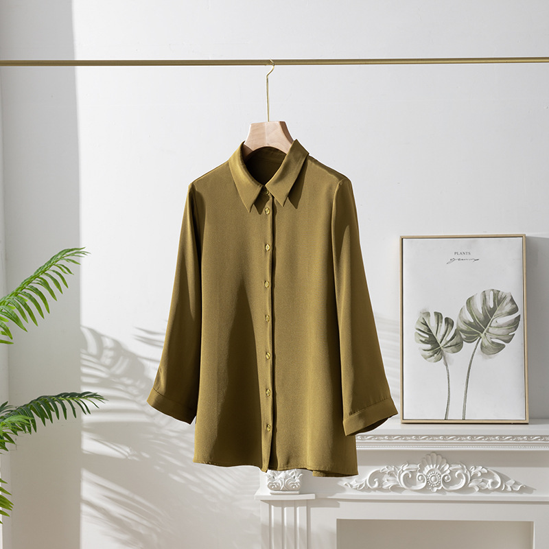 Spring and Autumn New Heavy Silk Shirt Women's Three-Quarter Sleeve Mulberry Silk Women's Clothing Temperament Commuting Small People