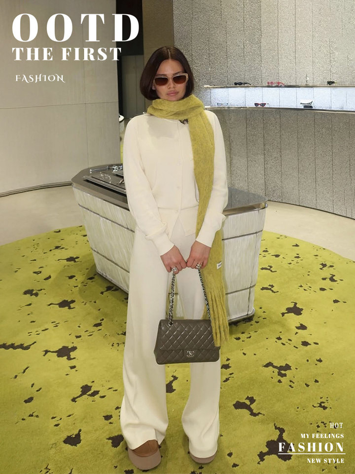 Bộ len dệt kim nữ áo cardigan tay dài quần dài màu trơn — Màu nâu, màu xám, mơ chi tiết 1