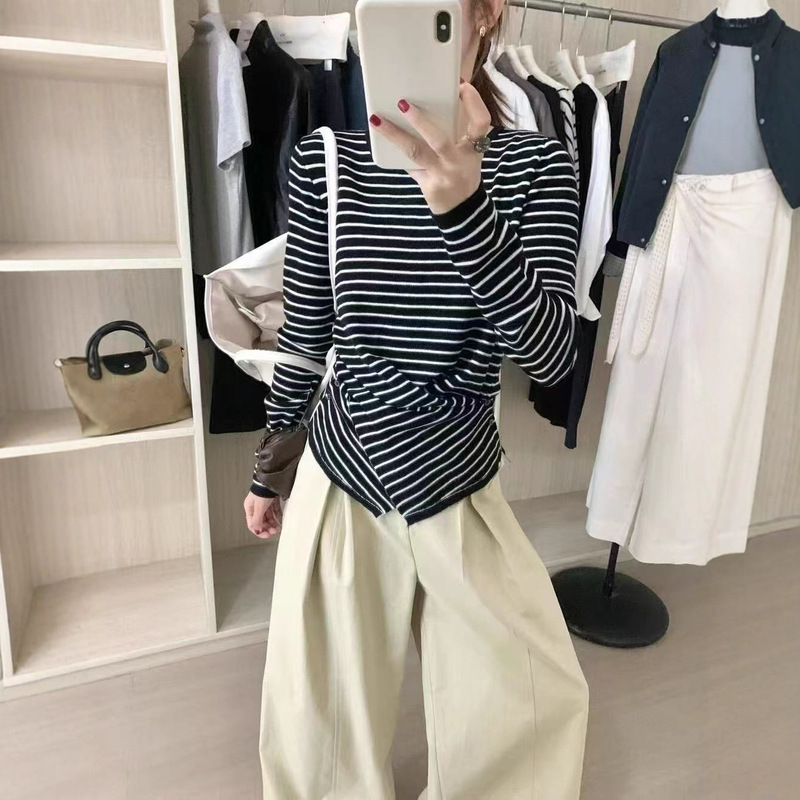 条纹长袖针织衫秋装女款2025年新款早秋韩系氛围感穿搭上衣设计感|undefined