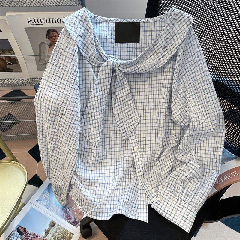 Cross-Border Foreign Trade Temperament Navy Collar Lace-Up Plaid Shirt Women's Spring and Autumn Loose Long-Sleeved Shirt Korean Style Casual
