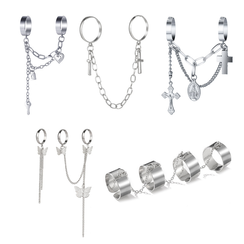 跨境亚马逊个性链条两指连体戒指创意Ins十字钥匙锁开口指环戒指