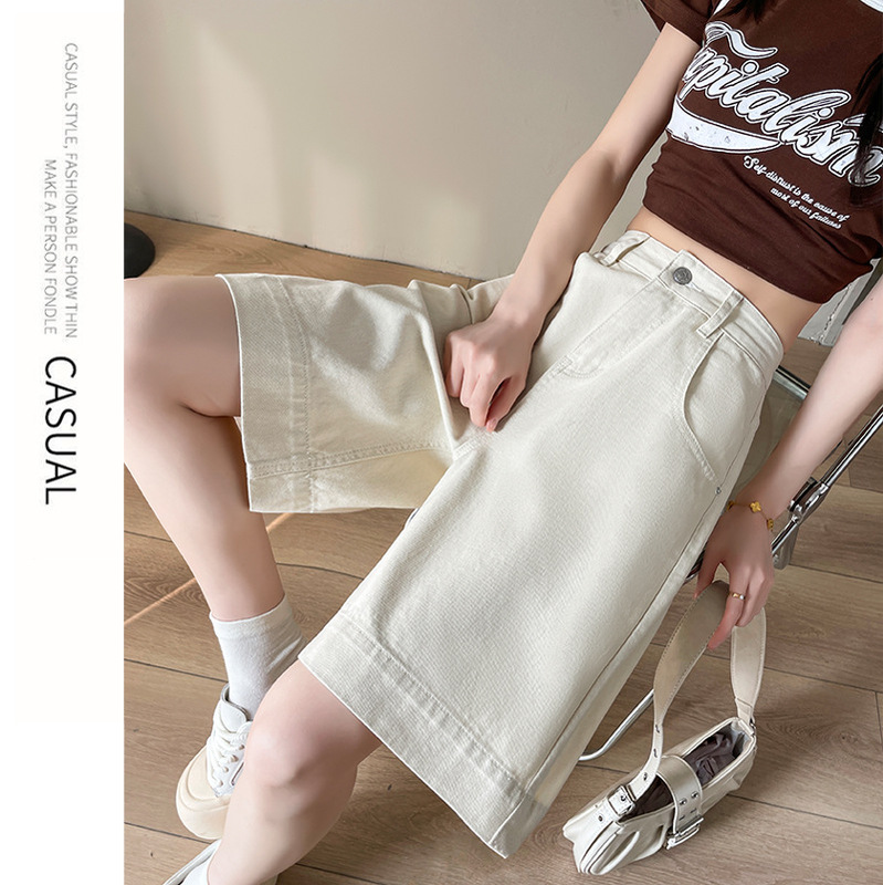 Off-White Five-Point Denim Shorts for Women 2025 Summer Thin High-Waist Slimming Look A-Line Straight Wide-Leg Pants for Small People