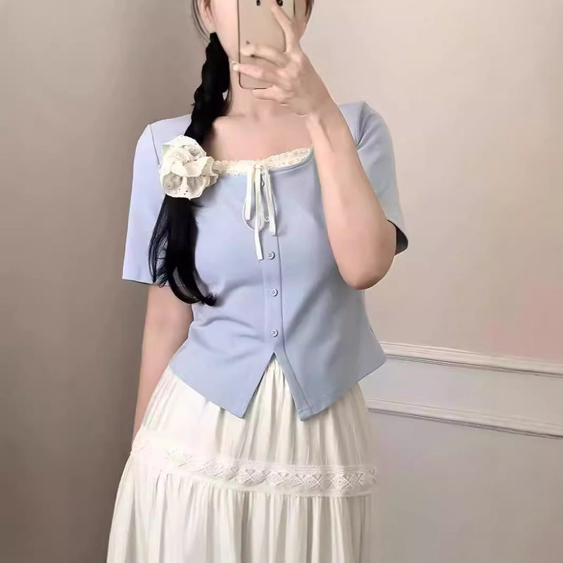 Blue Niche Summer French Square Collar Lace Stitching Fake Two-piece Shoulder Short-sleeved T-shirt Flesh Covering Slim Top for Women
