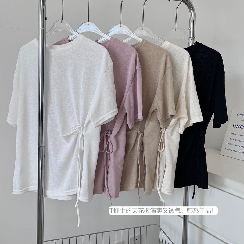 Plus-Size Long Drawstring Short-Sleeve Women's Korean-Style Round-Neck Ruched Snowflake Loose Slimming Breathable Top 2502 Plus-Size Long Drawstring Short-Sleeve Women's Korean-Style Round-Neck Ruched Snowflake Loose Slimming Breathable Top 2502