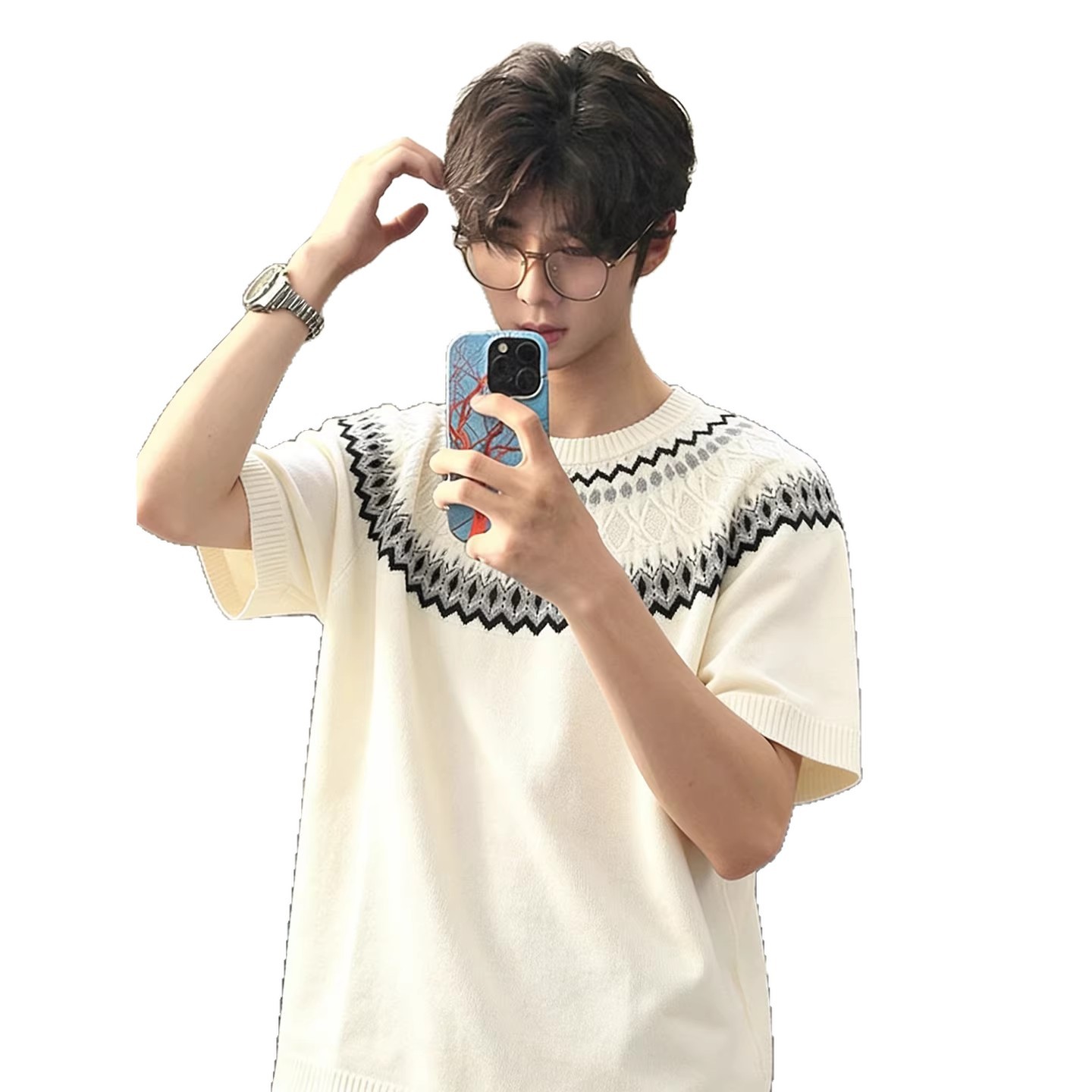 Isla de Fair camiseta de punto de manga corta camiseta de cuello redondo jacquard hombre viejo estilo casual hielo de verano fábrica transfronteriza mayorista