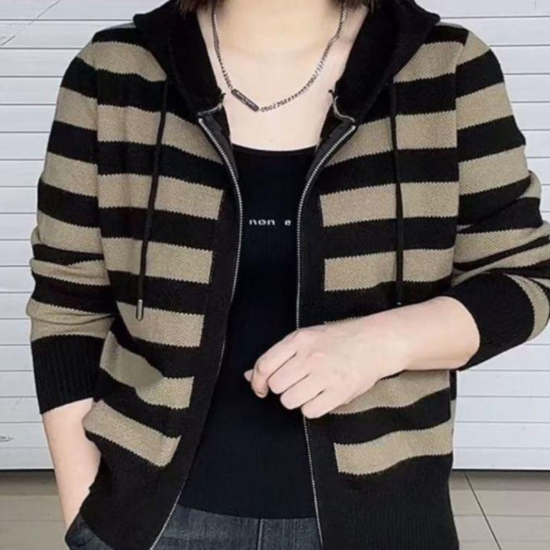 Trendy Long-Sleeve Knit Sweater for Women 2025 Autumn New Hooded Loose Versatile Striped Casual Sweater Jacket Top Trendy Long-Sleeve Knit Sweater for Women 2025 Autumn New Hooded Loose Versatile Striped Casual Sweater Jacket Top