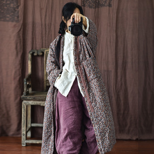 Early rain/homemade cotton and linen printed cardigan robe women's cotton-padded coat lazy wind loose lengthened cotton-padded coat warm cotton-padded jacket