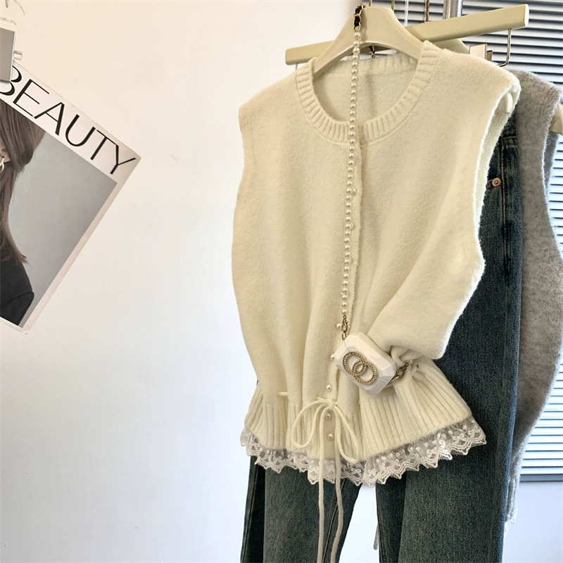 Кружевной свитер, осенний жилет, майка, топ, кардиган, в стиле Chanel, круглый вырез