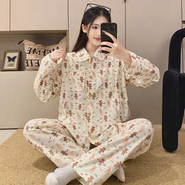 纯棉月子睡衣女春秋夏季新款双层纱韩版波点小熊孕妇家居服套装