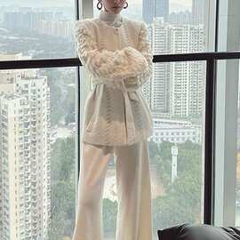 裤子法式外套套装出席重要两件2025小香风冬季场合穿搭套装的白色
