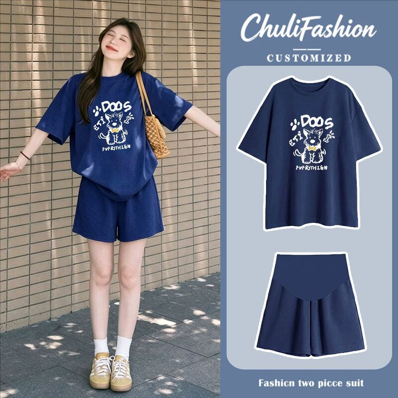 Maternity wear set: dark blue top, 2026 summer cartoon cute navy blue short-sleeve T-shirt and shorts two-piece set Maternity wear set: dark blue top, 2026 summer cartoon cute navy blue short-sleeve T-shirt and shorts two-piece set