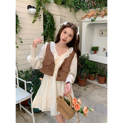 Vintage Hong Kong Style Casual Set Women's Layered Vest Top and Loose Long Sleeve Dress Two-Piece Set for Autumn